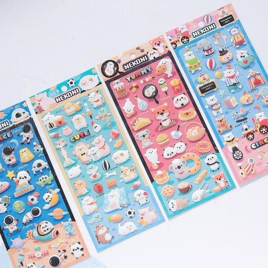 【N10】キラキララメ入り ふんわりボア 太空パンダ・クマ・キツネ・コアラ 立体デコレーションステッカー