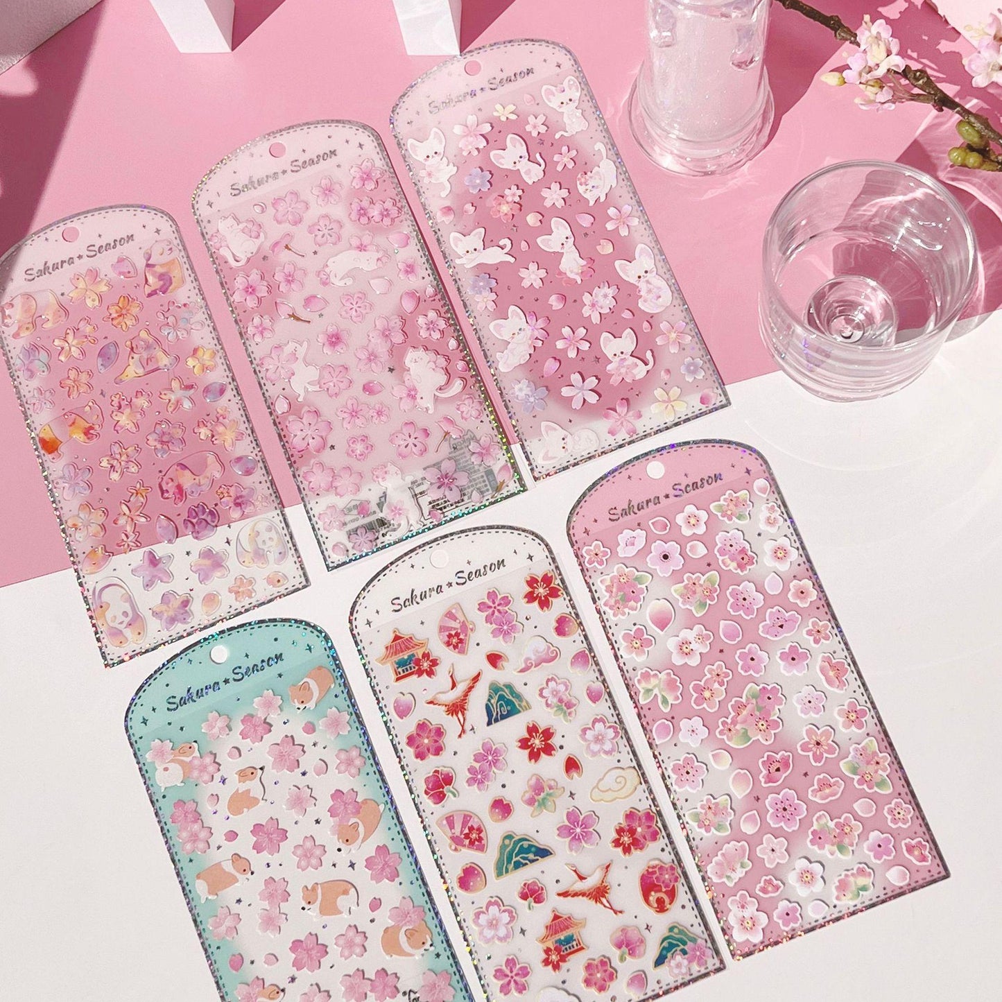 【N14】唯美 桜 動物 パンダ コーキ ドロップパール 輝き スマホ装飾素材 手帳ステッカー